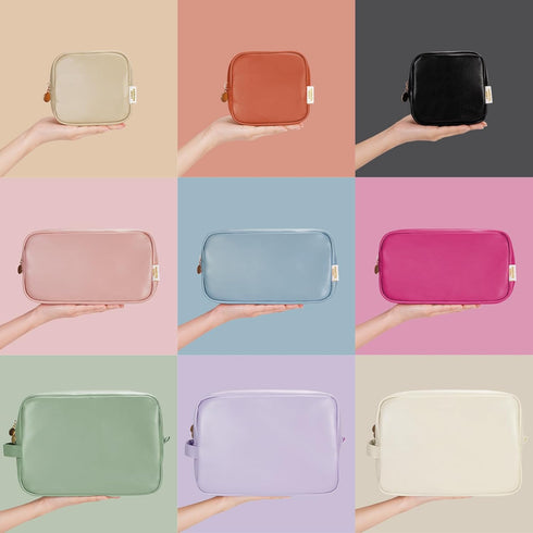 Small Makeup Bag for Purse, Mini Cosmetic Pouch for Women with Slip-in Pockets, Eco Vegan Leather, Beige