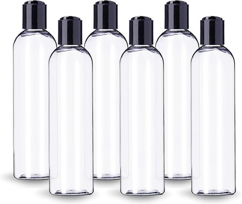 ljdeals 8 oz Clear Plastic Empty Bottles with Black Disc Top Caps, Refillable Containers, Pack of 6, BPA Free