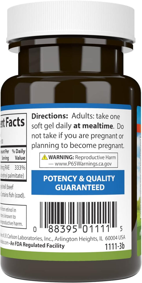 Carlson Vitamin A 10000 IU (3000 mcg RAE), 100 Softgels - Vision Health