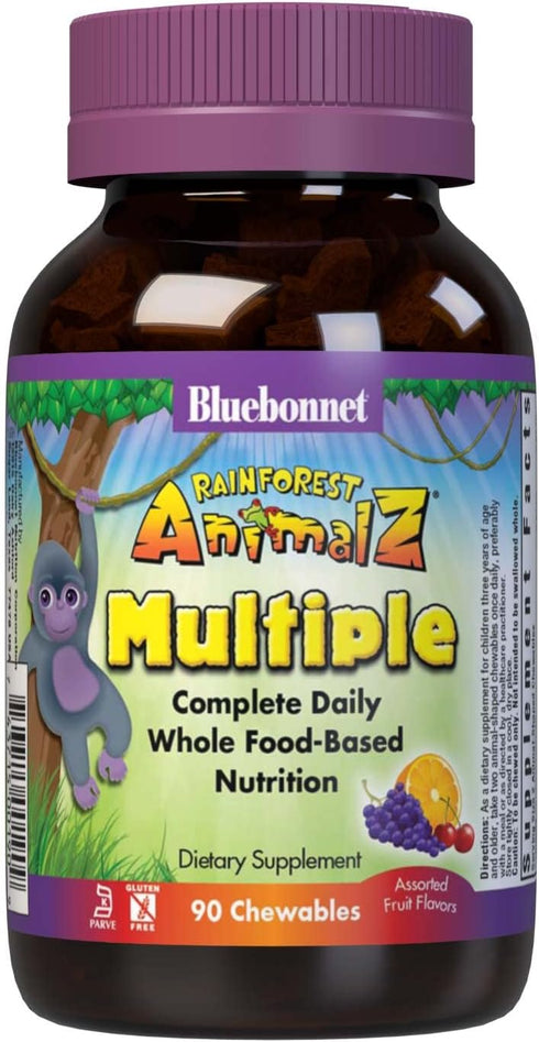 Bluebonnet Nutrition Rainforest Animalz Whole Food Based Multiple Chewable Tablets, Kids Multivitamin & Mineral, Vitamin C, D3, Iron, Gluten Free, Milk Free, Kosher, 90 Chewable Tablets, Mixed Flavors