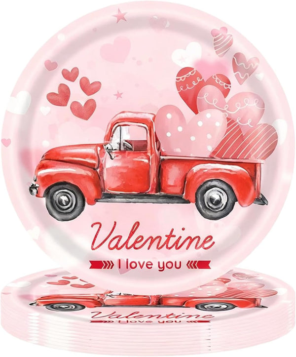ZHUIGUANGZE Valentine's Day Heart Disposable Paper Plates, 9 Inch Round Truck Love Print