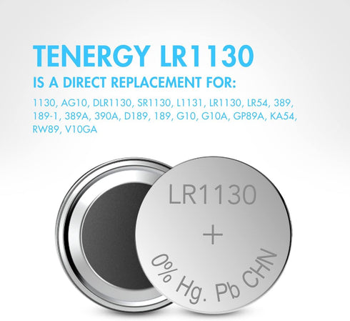 Tenergy AG10 LR1130 1.5V AG10 10 Count Button Cell Batteries, Battery for Watches, Calculators, Lasers, and More