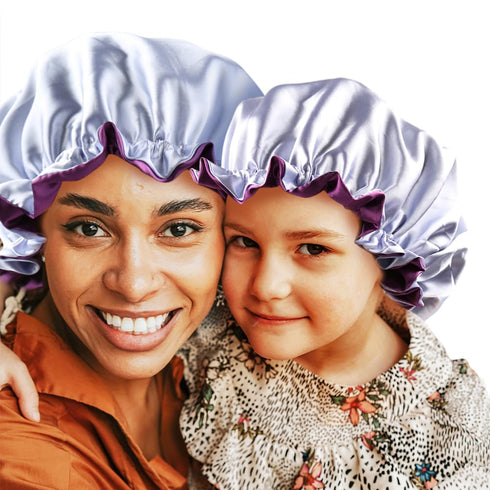 Mommy and Me Bonnet Set, Adjustable Satin Sleep Cap for Women and Baby, Toddler Curly Hair Cap (Purple/Blue)