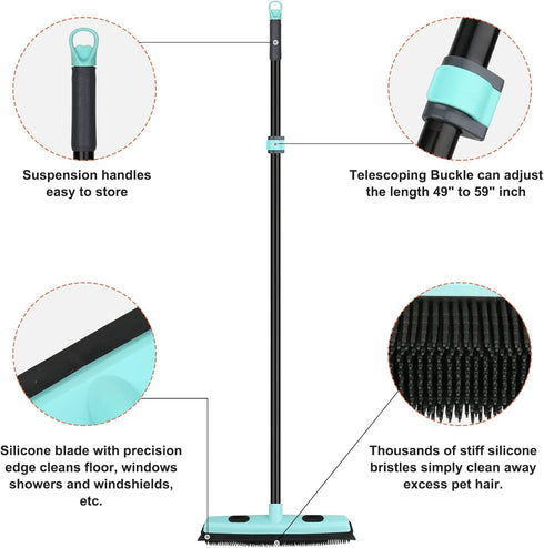 Rubber Broom for Pet Hair Removal: 59" Telescoping Handle, Squeegee for Carpet, Hardwood, and Tile Floors