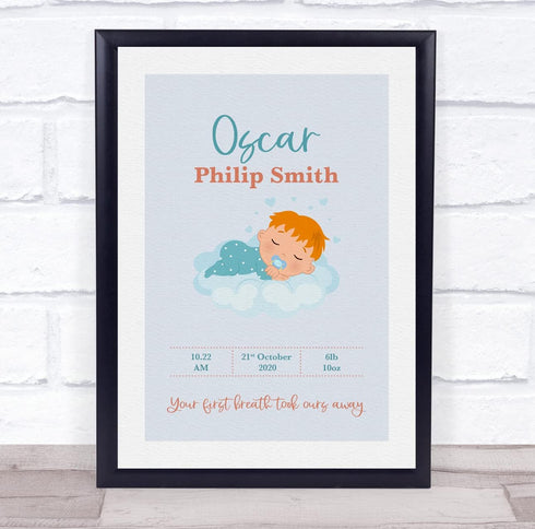 The Card Zoo New Baby Birth Details Christening Nursery Red Hair Boy Keepsake Gift Print