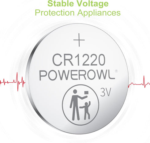 POWEROWL CR1220 (15-Pack) 3v 10 High Capacity Battery Lithium Batteries, Years Leak-Free