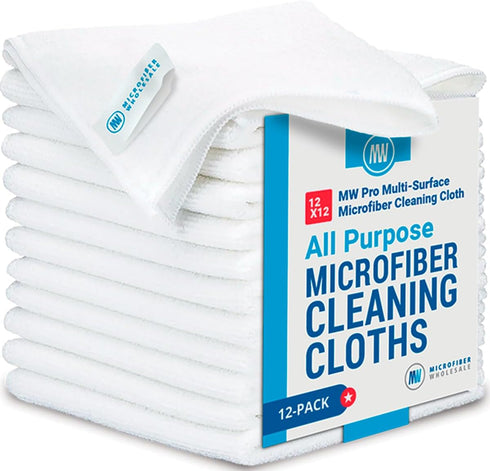 12" x 12" MW Pro Multi-Surface Microfiber Cleaning Cloths, White, 12 Pack, Premium Towels for Glass, Kitchens, Bathrooms