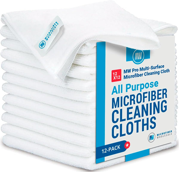 12" x 12" MW Pro Multi-Surface Microfiber Cleaning Cloths, White, 12 Pack, Premium Towels for Glass, Kitchens, Bathrooms