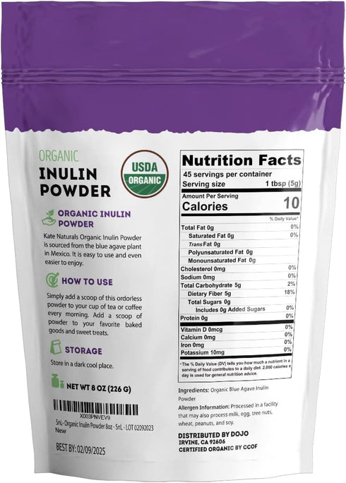 Kate Naturals Inulin Powder Organic for Prebiotic Fiber and Gut Health, 8oz, Organic, Blue Agave