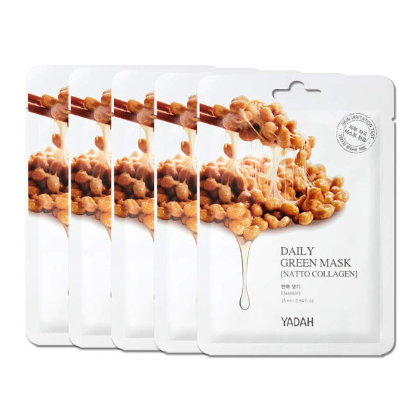 YADAH Daily Green Facial Sheet Mask, Natto Collagen, Pack of 5, Vegan Eco-friendly Mask for Skin Elasticity