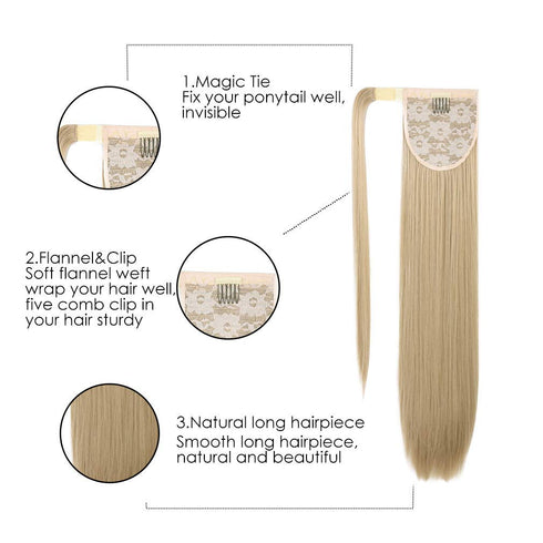 SEIKEA Clip in Ponytail Extension Wrap Around, 20 Inch Long Straight Natural Soft Synthetic Hairpiece for Women, Black