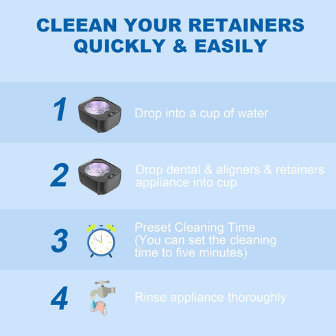 Ultrasonic Retainer Cleaner Machine - 48kHz Quick Cleaning for Retainers, Aligners, Dentures, Mouth Guards
