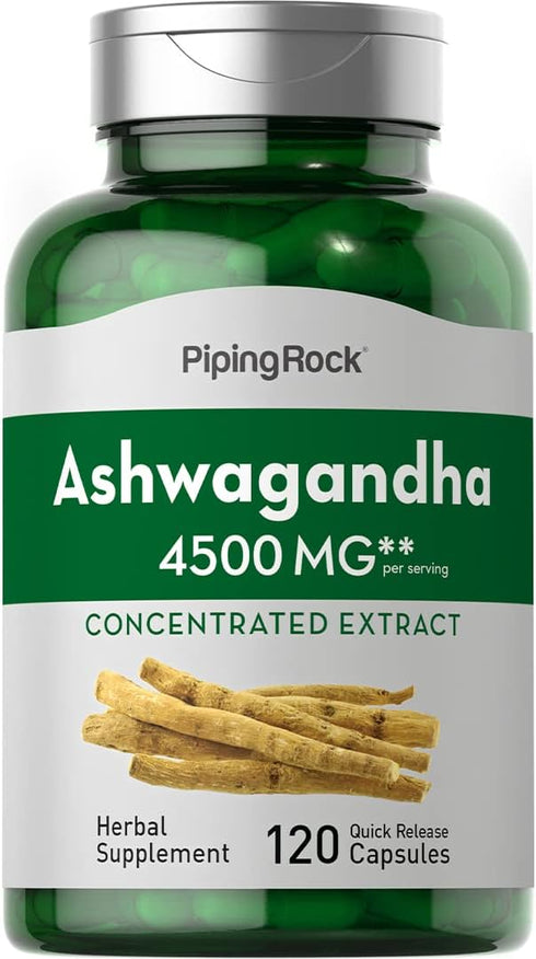 Piping Rock Ashwagandha Capsules 4500mg | 120 Count | Concentrated Root Extract with Black Pepper | Non-GMO, Gluten Free