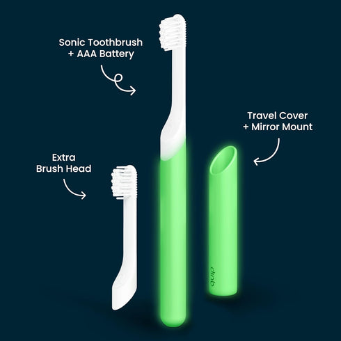 Quip Sonic Toothbrush for Kids with Timer, Extra Brush Head, Travel Cover Mount, Electric, Glow in The Dark, Green