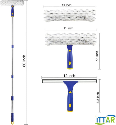 ITTAR Window Cleaner Squeegee, Rotatable Squeegee and Microfiber Scrubber, Extendable Stainless Steel Pole