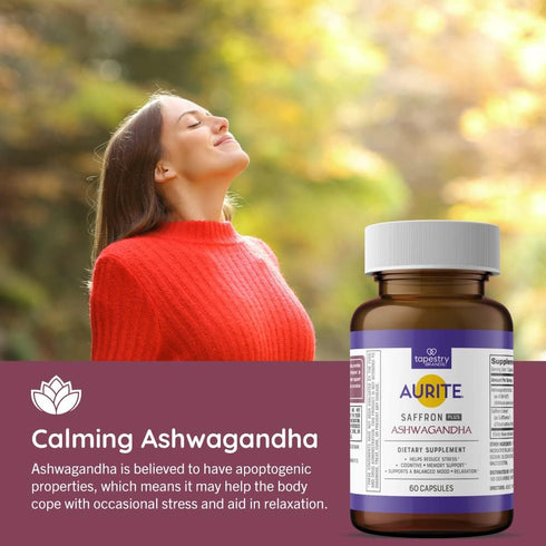 Saffron Ashwagandha Supplement for Stress Management, Mood Support, Long-Term Memory - 60 Count, Vegetarian Friendly