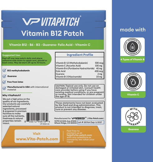 Vitamin B12 Patch for Energy Plus – 30 Count Vitamin B12 Patches – B12 Vitamins with Methylcobalamin & Guarana