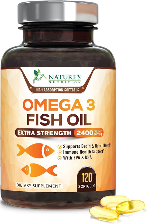 Omega 3 Fish Oil - 2400 mg, Triple Strength Omega3, EPA & DHA Fatty Acids, Natural Support for Immune, Heart & Brain