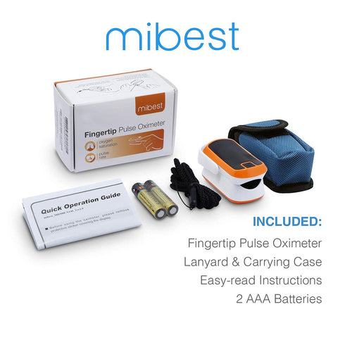 MIBEST Orange LED Finger Pulse Oximeter, Blood Oxygen Saturation Monitor, Portable Oxygen Sensor with Batteries and