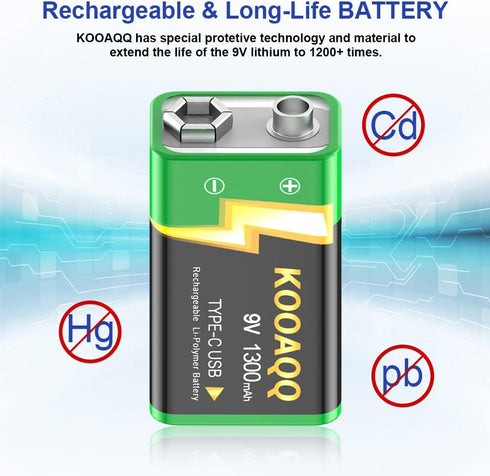 9V Rechargeable Batteries, High Capacity 1300mAh (2024 New Version) for Smoke Detector/Alarms, Metal Detector,