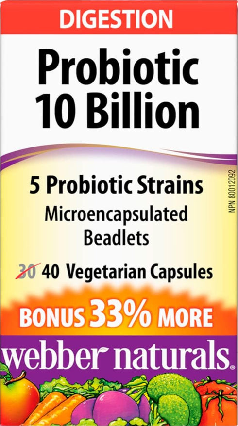 Webber Naturals Probiotic 10 Billion with 5 Probiotic Strains, 40 Vegetarian Capsules