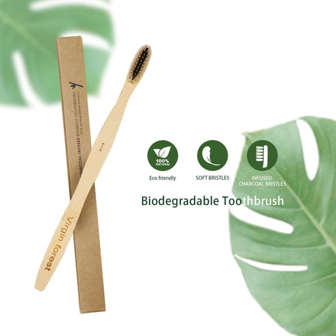 Virgin Forest Bamboo Toothbrush, Biodegradable Soft Bristles, Wooden Toothbrush with Wave-Shaped Handle (6 Pcs)