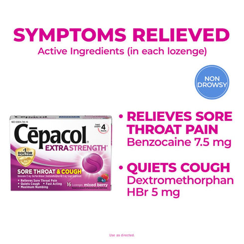 Cepacol Extra Strength Sore Throat & Cough Relief Lozenges, 16 Count, Mixed Berry Flavor, Pack of 4