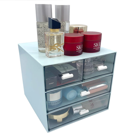 Makeup Organizer, Desk Organizer with 4 Drawers, Vanity Cosmetic Storage Box for Bathroom Counter or Dresser, Blue