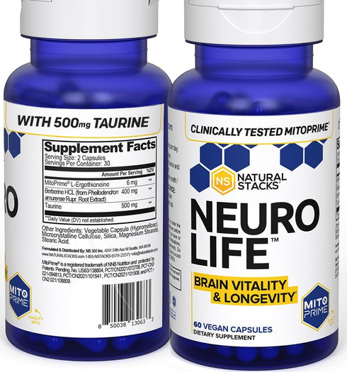 NEUROLIFE Brain Supplement for Cognitive Vitality - Longevity Support with Taurine 500mg - Berberine for Cognition