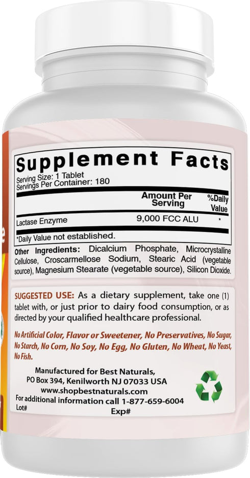 Best Naturals Lactose Intolerance Relief Tablets, Natural Lactase Enzyme, 9000 FCC ALU, 180 Count