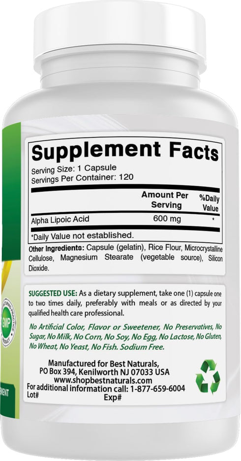 Best Naturals Alpha Lipoic Acid, 600 mg, 120 Count - Powerful Antioxidant