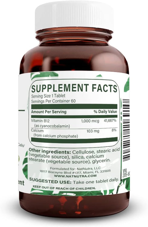 Natural Nutra Vitamin B12 1000 mcg, Cobalamin B12 Supplement, 60 Vegan Tablets, Gluten Free, Sugar Free