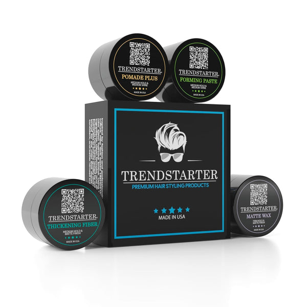 Men's Premium Hair Styling Sample Pack - Four 0.25oz Samples of Matte Wax, Forming Paste, Thickening Fiber, Pomade