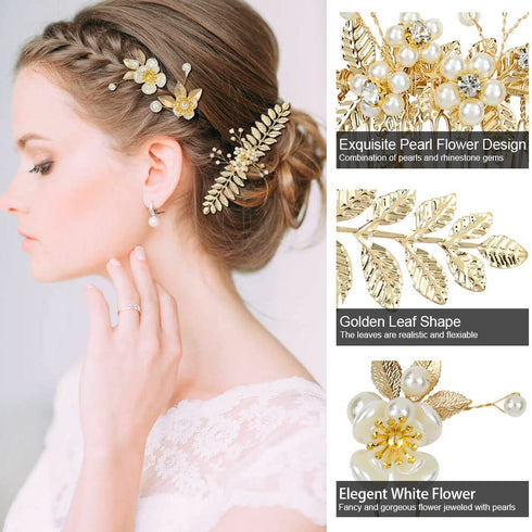 inSowni 21 Pack Gold Leaf Flower Bridal Wedding Hair Side Combs+U-shaped Pearls Hair Pins Hair Pieces Headpieces Accessories for Brides Bridesmaids Women Girls