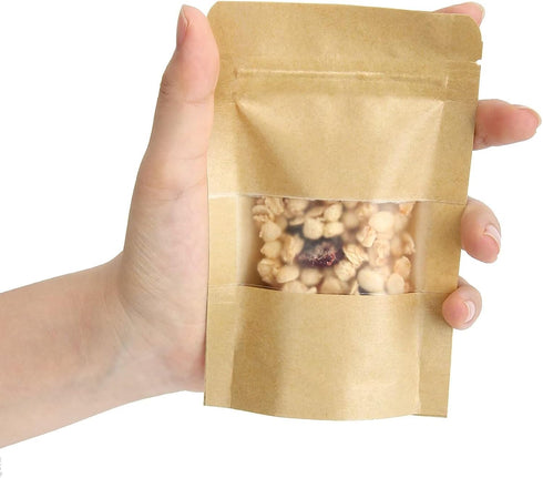 Blisstime 50 Pack Kraft Paper Stand Up Pouches with Matte Window and Tear Notch Resealable Bags (3.5 X 5.5 Inches)