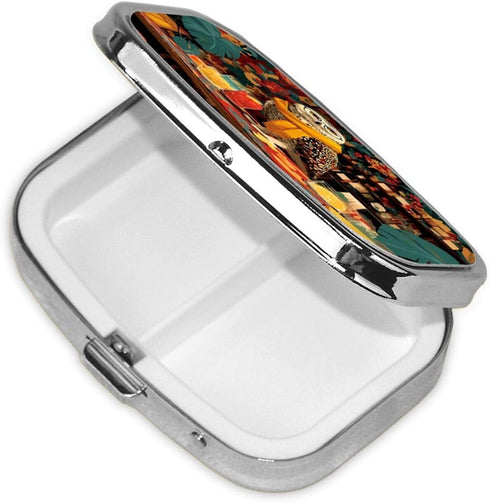 XBubupX 2 Owl Vintage Glasses Perched On A Bar Cart Pill Box Square Metal Pill Case with Compartment Travel Pill