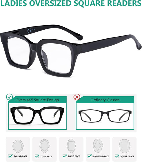 Eyekepper Ladies Reading Glasses, Oversized Square Design Readers for Women, Black