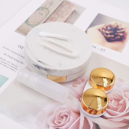 Honbay Fashion Marble Contact Lens Case, Portable Box Kit with Mirror (Round) (Gold)