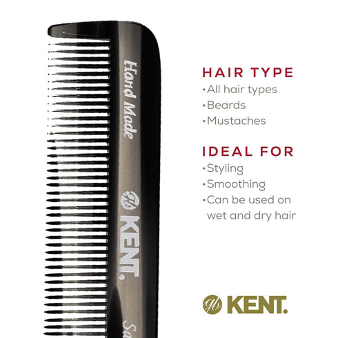 Kent FOT Black Graphite Fine Tooth Comb for Men, Handmade Pocket Comb for Travel, Styling, and Grooming