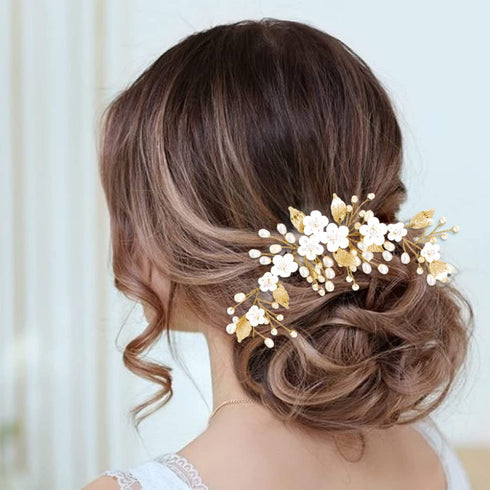 Unicra Silver Bride Wedding Hair Vine, Flower Bridal Hair Piece, Pearl Hair Accessories for Women & Girls (Gold)