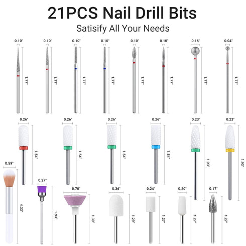 MelodySusie 21pcs Nail Drill Bit Set, Professional Ceramic Diamond Carbide Acrylic Gel Nail Art Tool Kit for Manicure