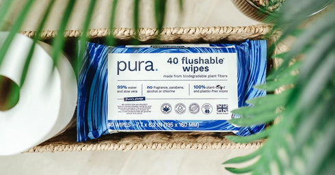 Pura Flushable Wipes 4 x 40 Toilet Wipes (160 Wipes), 100% Plastic Free Moist Toilet Tissue, Sensitive Skin