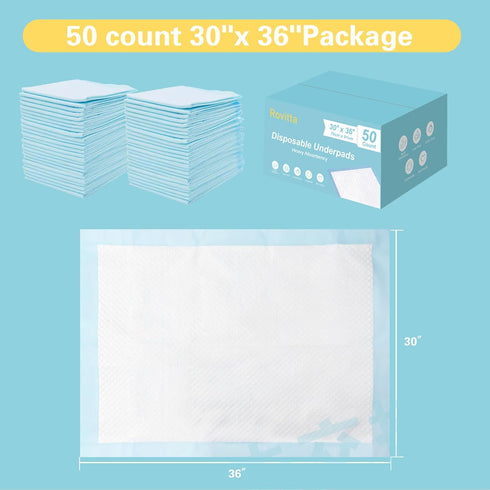 Rovitta 50 Count 30 36 x Disposable Underpads, Incontinence Chux Pads, Heavy Absorbency Leakproof Bed Protective Pads