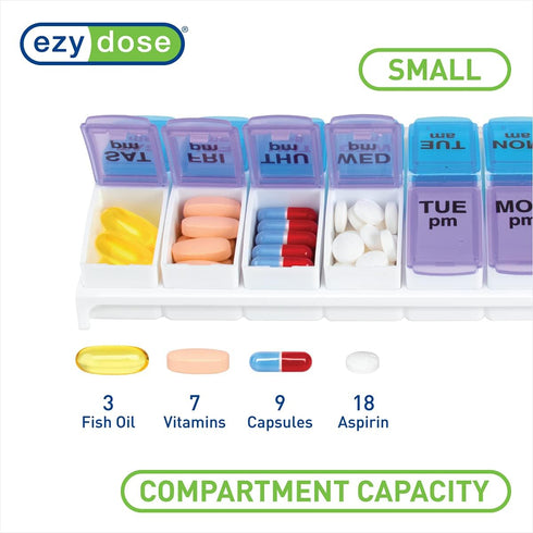 Ezy Dose Weekly AM/PM Pill Organizer, 7-Day Vitamin Box, Small Pop-out Compartments, Blue and Purple Lids
