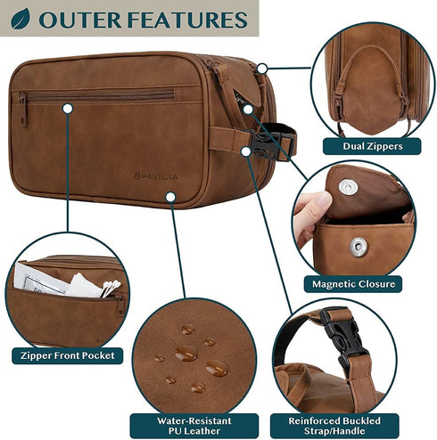 PAVILIA Toiletry Bag for Men, Travel Essentials Dopp Kit, PU Leather Water Resistant Organizer Case, Brown