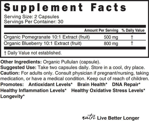 USDA Organic Blueberry Extract Supplement - Nutri Organic Blueberry Pomegranate Supplement 1300mg with 800mg 10:1