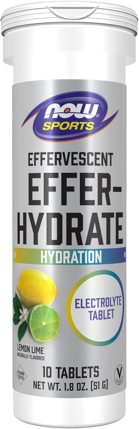 NOW Foods Sports Nutrition - Effervescent Effer-Hydrate Electrolyte Supplement, Lemon Lime, 10 Tablets