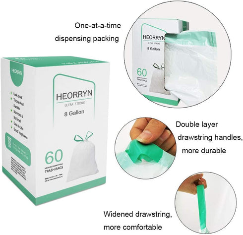 Heorryn 8 Bags-0.79 60 Count Gallon Drawstring Trash Mil Ultra Strong Medium Trash Can Liners for Kitchen/Office