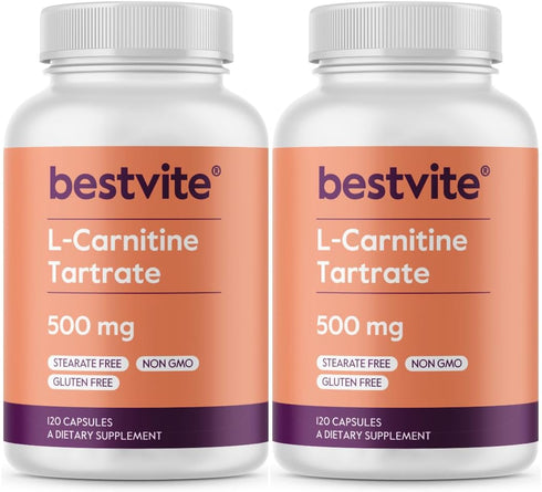 BESTVITE L-Carnitine Tartrate 500mg per Capsule (240 Capsules)(120x2) - Non-GMO, Gluten-Free, No Stearates
