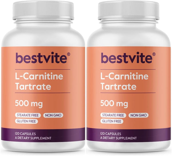 BESTVITE L-Carnitine Tartrate 500mg per Capsule (240 Capsules)(120x2) - Non-GMO, Gluten-Free, No Stearates